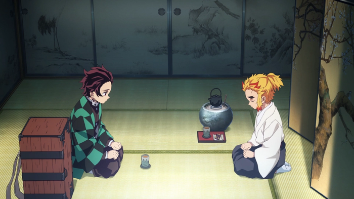 Tanjiro and Senjuro talking in Demon Slayer: Kimetsu no Yaiba Season 2 Episode 8.