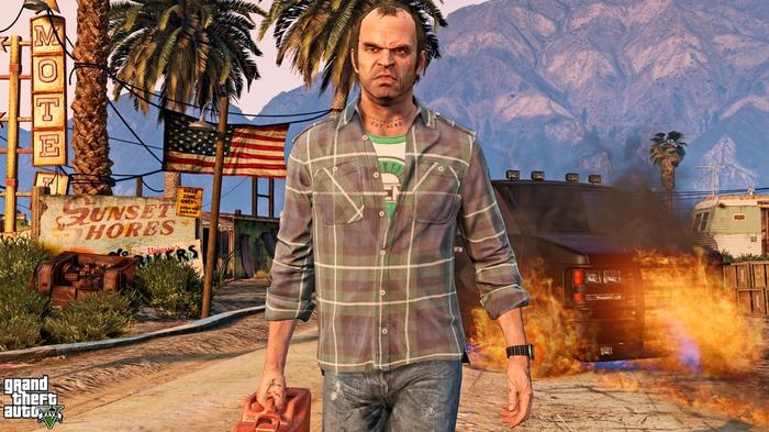 Trevor, walking away from a burning vehicle, with a can of gas in his hand