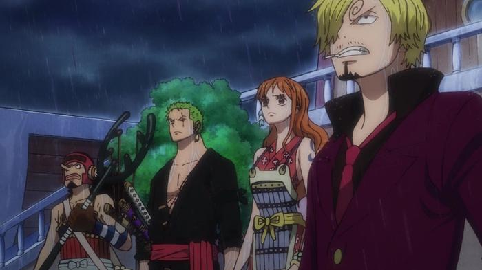 Usopp, Zoro, Nami, and Sanji in the One Piece anime Wano arc.