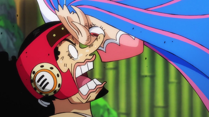 Usopp getting a headbutt from Ulti in the One Piece Wano arc.
