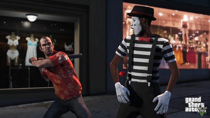 Trevor in front of some shops, preparing to hit a mime artist with a baseball bat.
