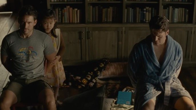 Jonathan Groff as Andrew, Ben Aldridge as Eric, Kristen Cui as Wen in Knock at the Cabin 
