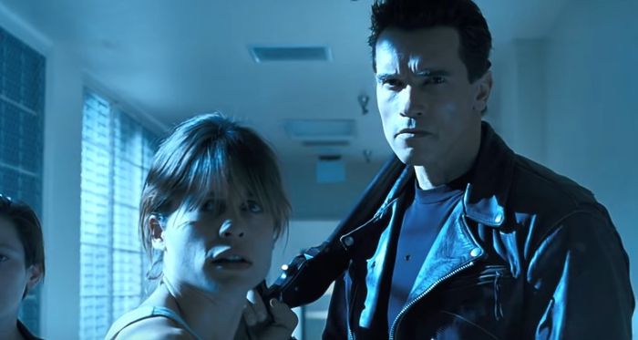 Arnold Schwarzenegger as The Terminator, Linda Hamilton as Sarah Connor in The Terminator