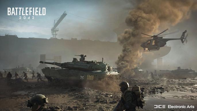 Tanks, infantry and a helicopter traverse a muddy battleground
