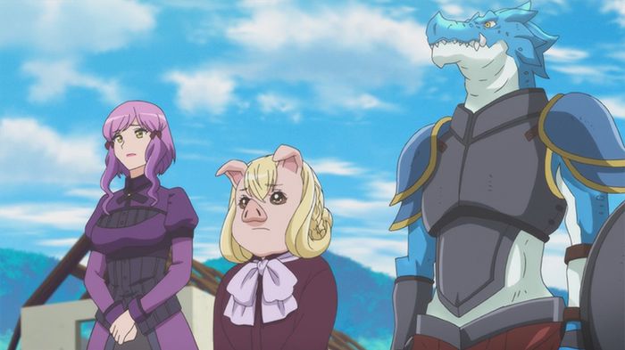 Emma, an alke, and a lizardman in Episode 11 of Tsukimichi: Moonlit Fantasy. Photo from C2C.