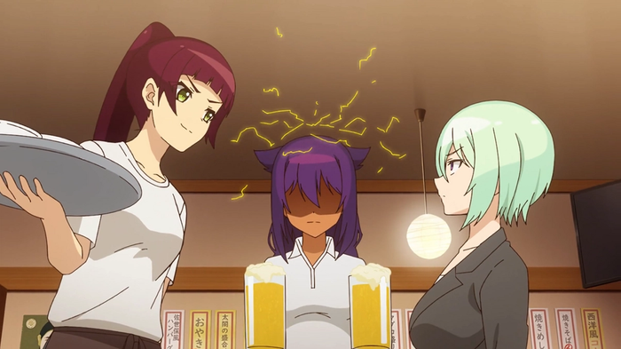 Druj and Kyouko glaring at each other with Jahy in between them.