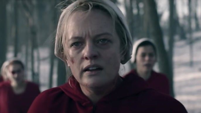 The Handmaid's elisabeth moss as june staring into camera 