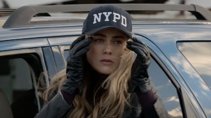 manifest season 4 Melissa Roxburgh as Michaela Stone following a calling at a ship yard wearing NYPD hat