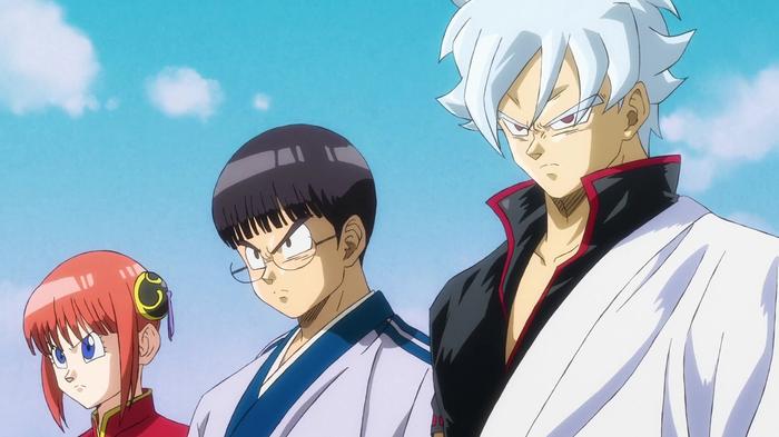 Kagura, Shinpachi, and Gintoki in the Dragon Ball art style.