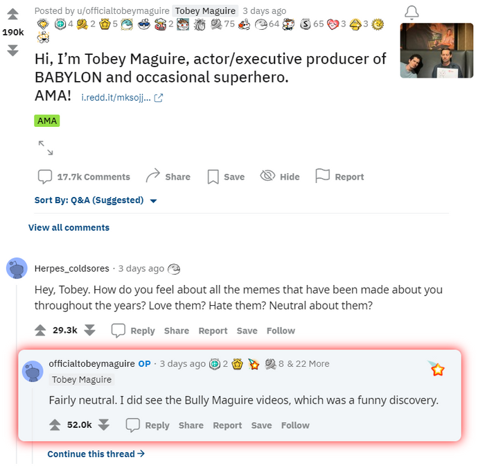 Tobey Maguire answers fan on Reddit