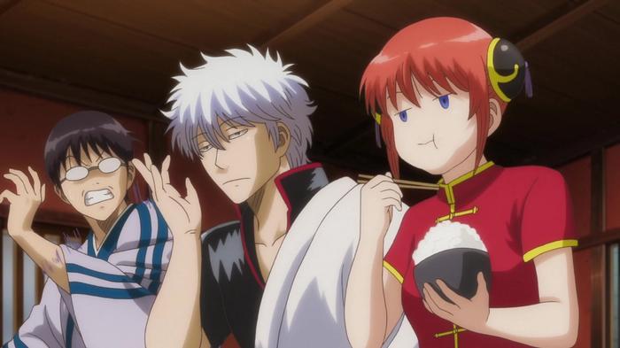 Shinpachi, Gintoki, and Kagura: members of the Yorozuya.