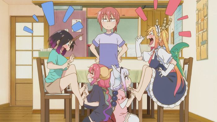 Elma, Ilulu, Kobayashi, Kanna, and Tohru in Episode 9 of Miss Kobayashi's Dragon Maid S. Photo from Kyoto Animation.