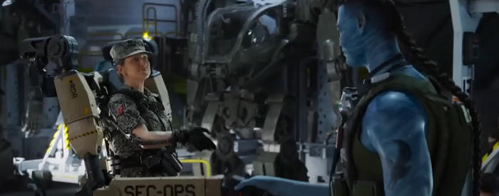 Edie Falco as General Ardmore using the exoskeleton in Avatar: The Way of Water