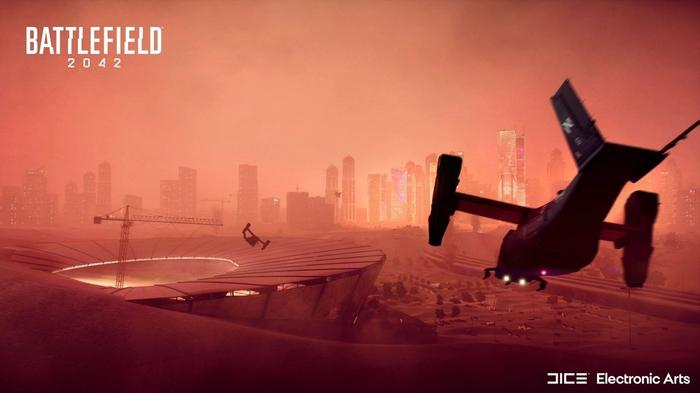 A city stands in the distance. The sky is blood red. Warplanes fly towards it.