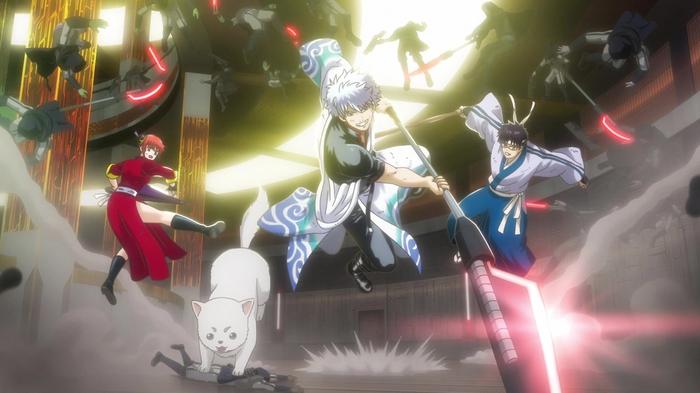 Kagura, Sadaharu, Gintoki, and Shinpachi taking enemies down in dramatic fighting poses.