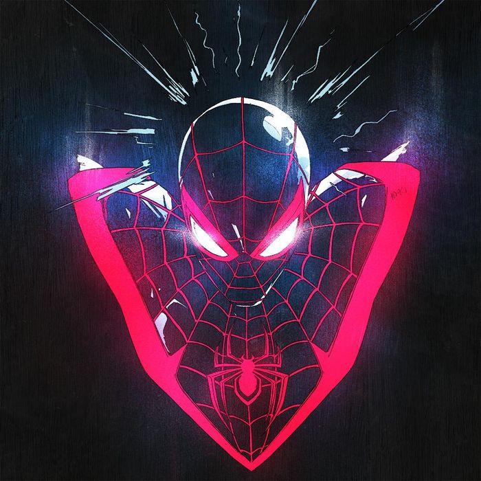 The Spiderman: Miles Morales Costume, on a black background