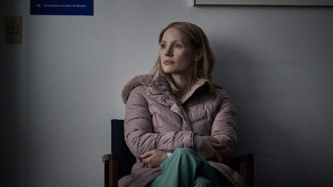 Jessica Chastain as Amy Loughren in The Good Nurse sitting 