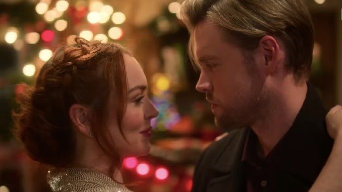 Lindsay Lohan as Sierra with Chord Overstreet in Falling for Christmas