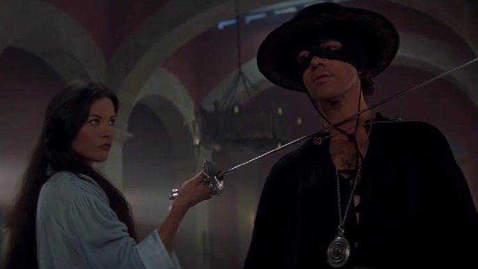 Catherine Zeta-Jones as Elena Montero, Antonio Banderas as Don Diego de la Vega/Zorro in The Mask of Zorro