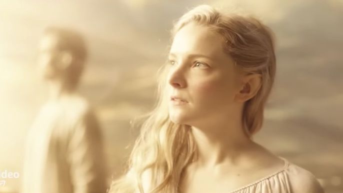 lotr rings of power morfydd clark as galadriel staring into the distance bright light