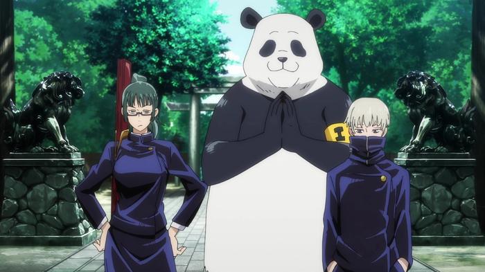 Maki Zenin, Panda, and Toge Inumaki in the Jujutsu Kaisen anime.