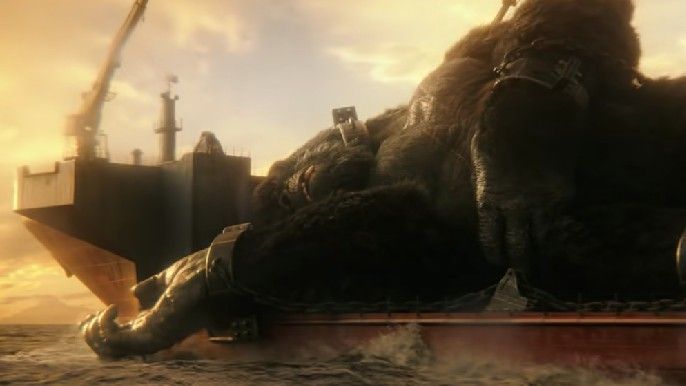 Godzilla vs Kong. King Kong on board container van boat