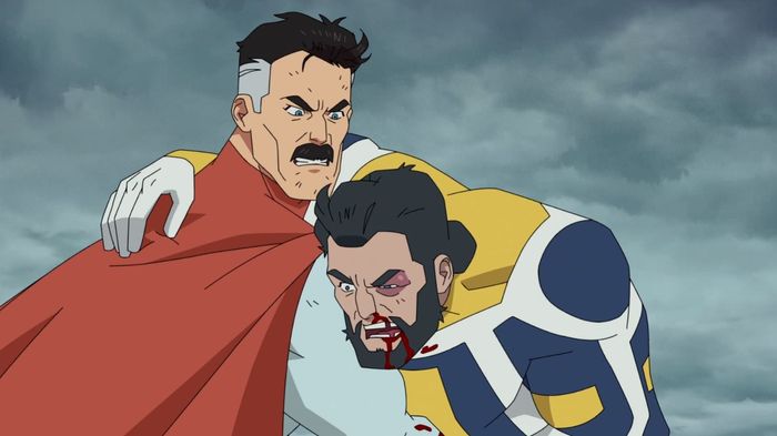 Invincible Season 1 J.K. Simmons as Mark's dad/Omni-Man holding up a bloodied superhero