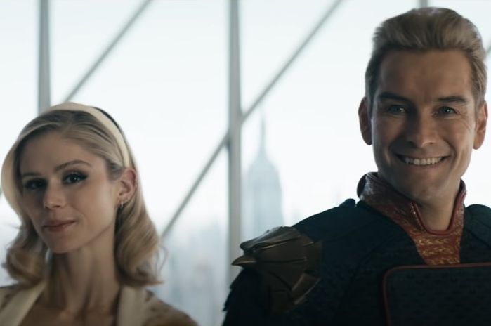 the boys season 3 antony starr as the homelander, erin moriarty as annie january smiling at the camera