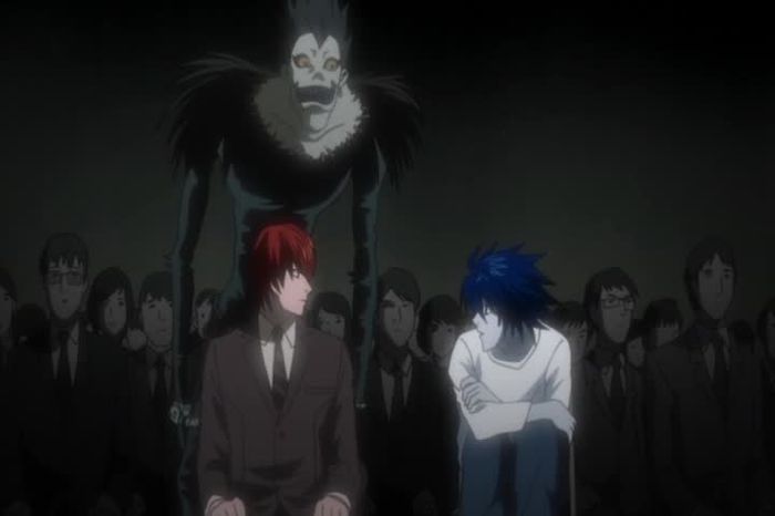 Light Yagami, L, and Ryuk in Death Note.