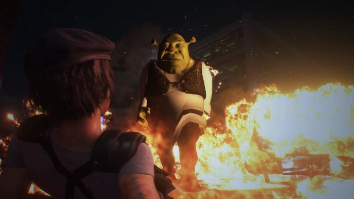 Shrek as Nemesis attacking Jill in Resident Evil 3.