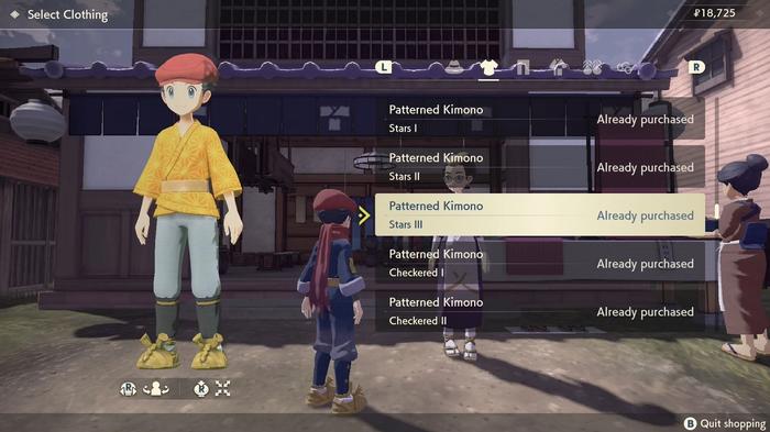 A list of clothing customisation options for the Pokémon Trainer character in Pokémon Legends: Arceus.