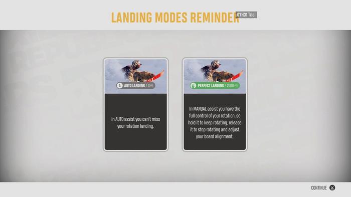 Landing styles explained in the main menu for Riders Republic.