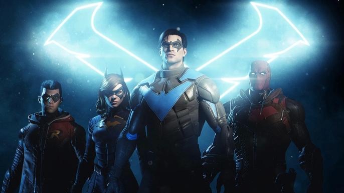 Image of Robin, Batgirl, Nightwing, and Red Hood in Gotham Knights.