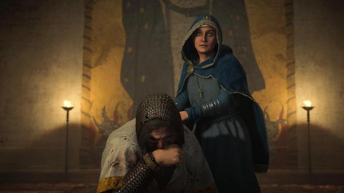 Charles the Fat being cared for by Queen Richardis in Assassins Creed Valhalla Siege of Paris