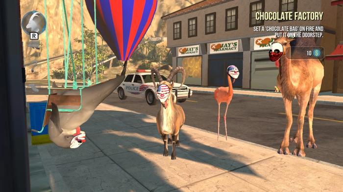 Screenshot from Goat Simulator, with several farm animals masked and roaming an open world