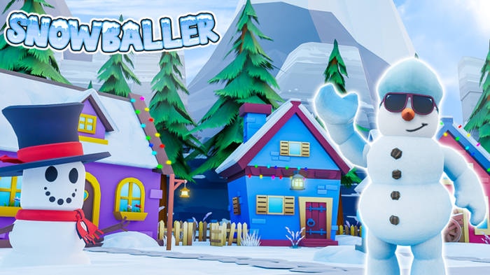 Artwork for Snowballer Simulator featuring two snowmen and three houses with tall trees and a mountain in the background.
