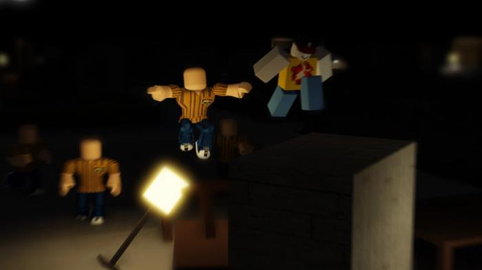 Screenshot from 3008, showing Roblox avatars freerunning across a darkened store