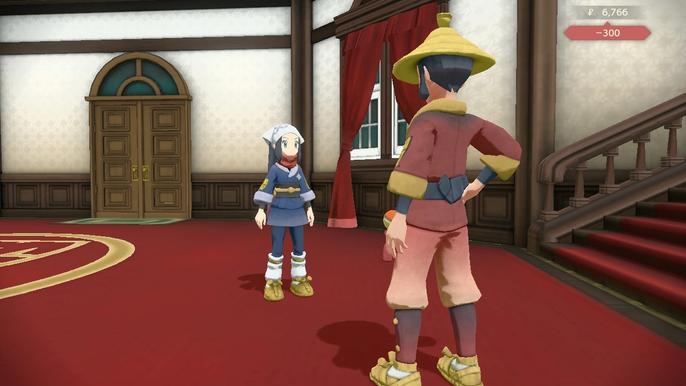 A player is upgrading their Satchel's inventory space by speaking with Bagin in the Galaxy Hall of Pokémon Legends: Arceus.