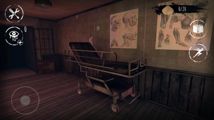 Screenshot from Eyes, showing a haunted hospital room with diagrams of skeletons on the wall
