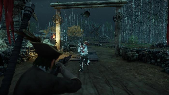 A player aiming their musket at a charging enemy.