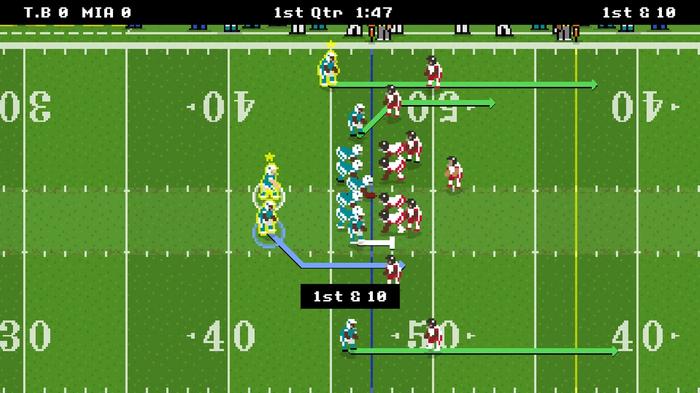 A first down in Retro Bowl, showing the pre-play routes.