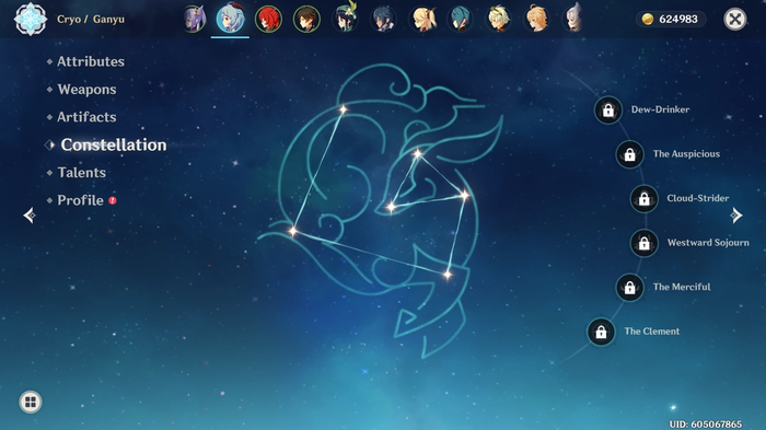 Ganyu's Constellation screen