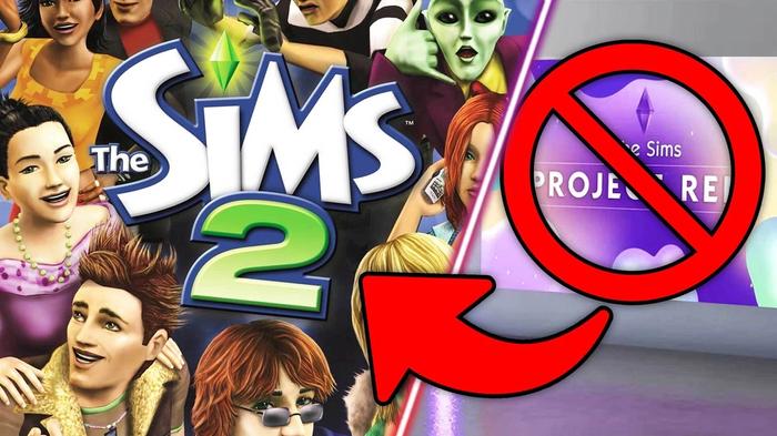 The Sims 2 logo on the left, being pointed to by an arrow. On the right is a crossed-out logo from The Sims Project Rene.