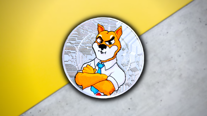 Image of silver coin with Shiba Inu dog on the front, against a yellow and grey background