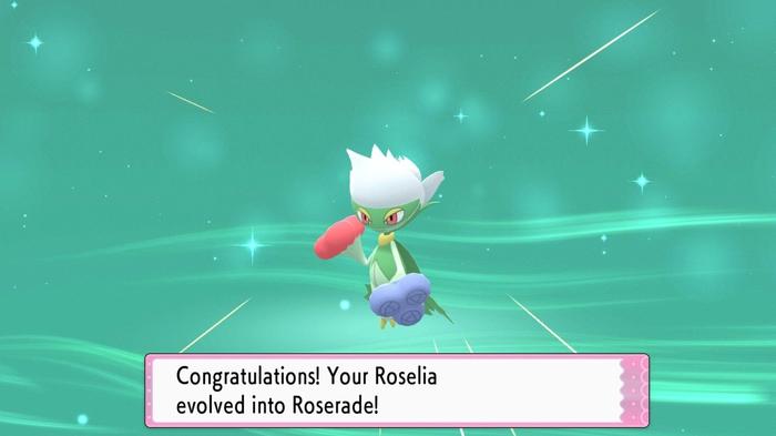 Roselia has evolved into Roserade, a strong grass and poison-type Pokémon in Pokémon Brilliant Diamond and Shining Pearl.