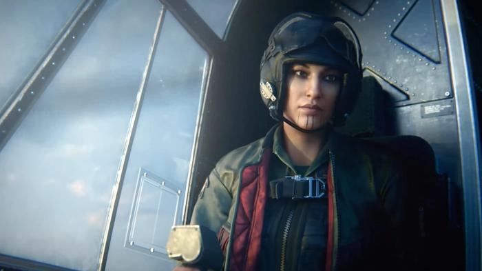 Image from Rainbow Six Siege showing defensive Operator Thunderbird sat aboard a rescue helicopter.