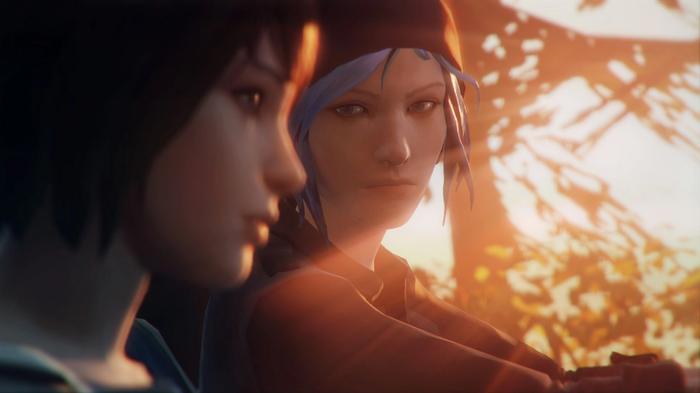 Chloe looks at Max with a sunset in the background in Life is Strange.