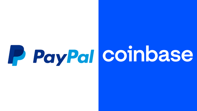 PayPal logo next to Coinbase logo.