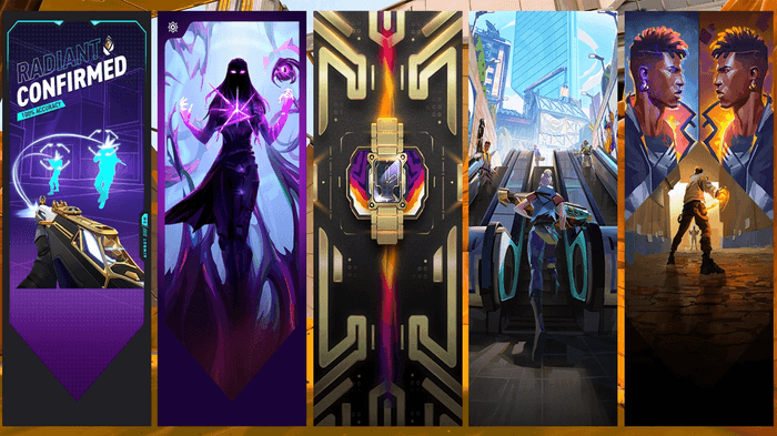 This image features five of the upcoming player cards in VALORANT Episode 3 Act 2 battle pass