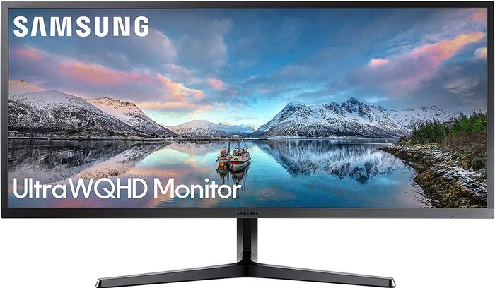 The Samsung monitor is pictured from the front on.